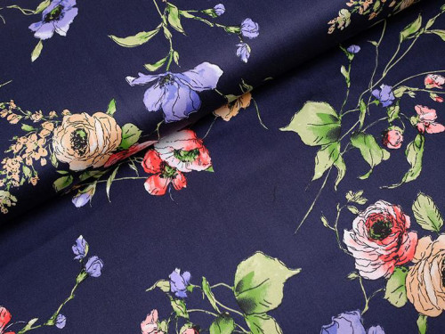 Baumwolle Satin Print Blumen Blau Marine